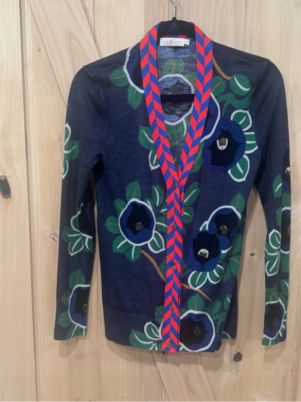 Tory Burch Thea Floral Modal Cotton Cardigan Size Medium Chervon - Picture 13 of 13